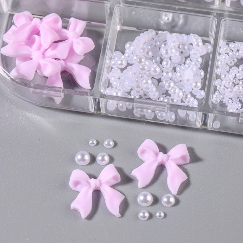 1 Box kawaii Mini Bow 3D Cute Nail Art Decorations white pearls nails charms Design DIY pink Bowknot Resin Nail Accessories