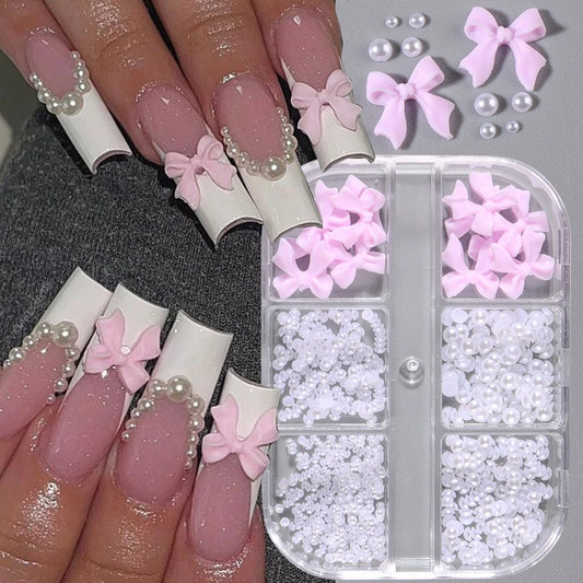 1 Box kawaii Mini Bow 3D Cute Nail Art Decorations white pearls nails charms Design DIY pink Bowknot Resin Nail Accessories