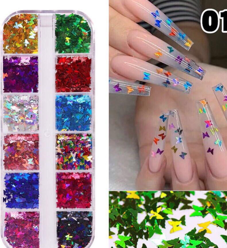 12 Grids Butterfly Shaped Nail Art Glitter Sequins Laser Designed Sparkle Nail Flakes