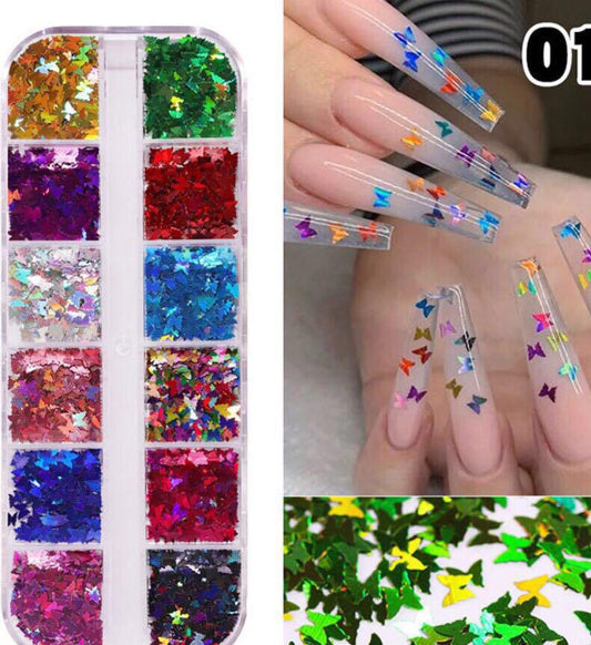 12 Grids Butterfly Shaped Nail Art Glitter Sequins Laser Designed Sparkle Nail Flakes