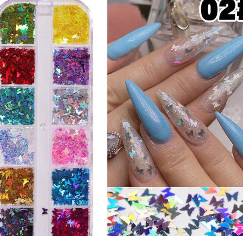 12 Grids Butterfly Shaped Nail Art Glitter Sequins Laser Designed Sparkle Nail Flakes