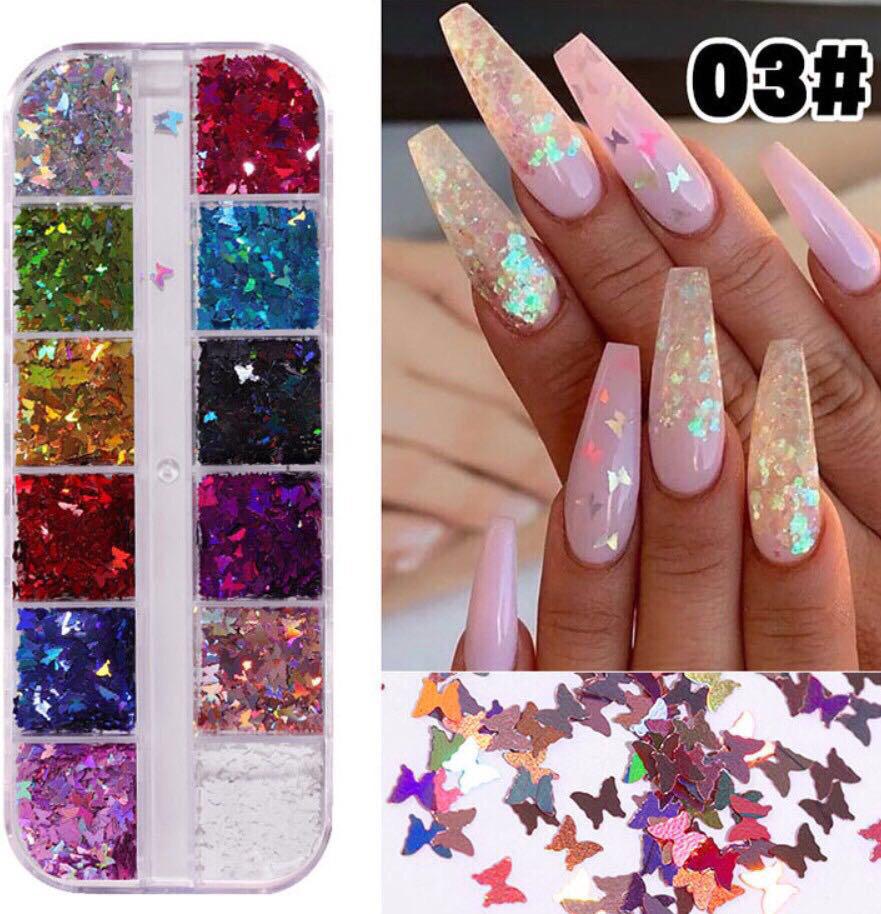 12 Grids Butterfly Shaped Nail Art Glitter Sequins Laser Designed Sparkle Nail Flakes