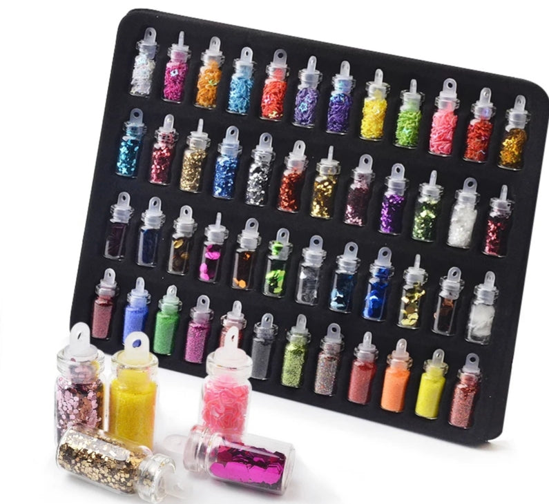 All in one 48 Bottles Nail Art Rhinestones Beads Sequins Glitter Tips Decoration Tool Gel Nail Stickers Mixed Design Case Set