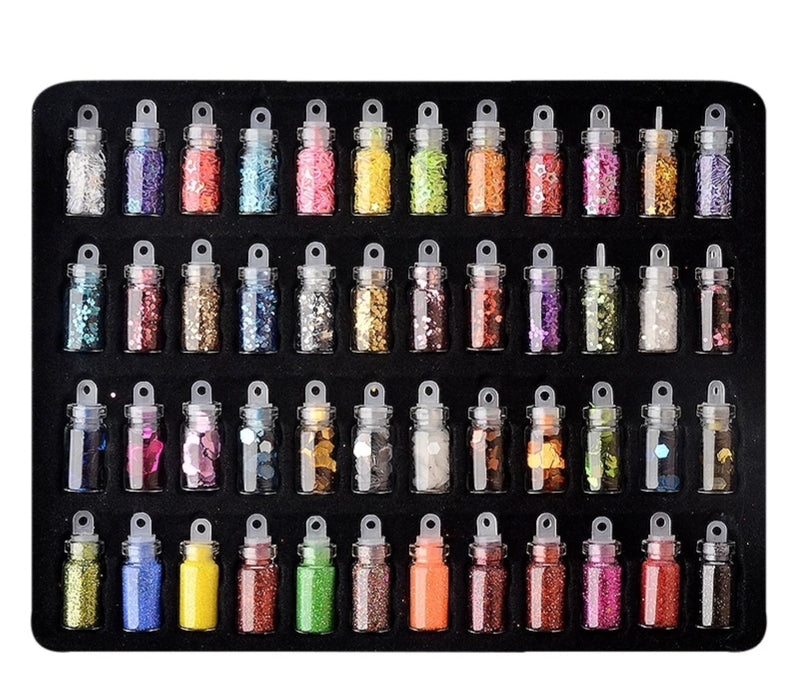 All in one 48 Bottles Nail Art Rhinestones Beads Sequins Glitter Tips Decoration Tool Gel Nail Stickers Mixed Design Case Set