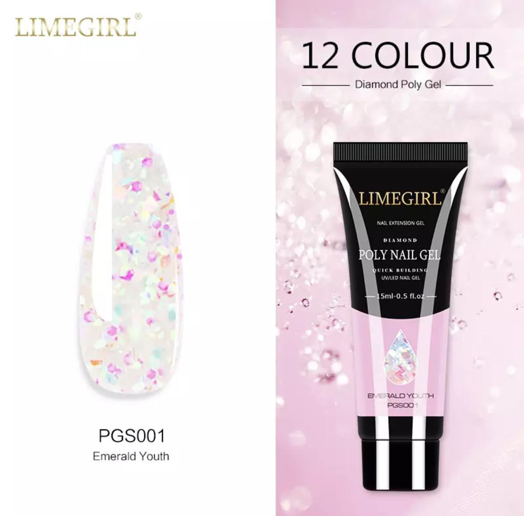 LimeGirl 15ml Nail Art Diamond Colors PolyGel PGS Poly Gel Quick Building Nail Extension Poly Nail Gel