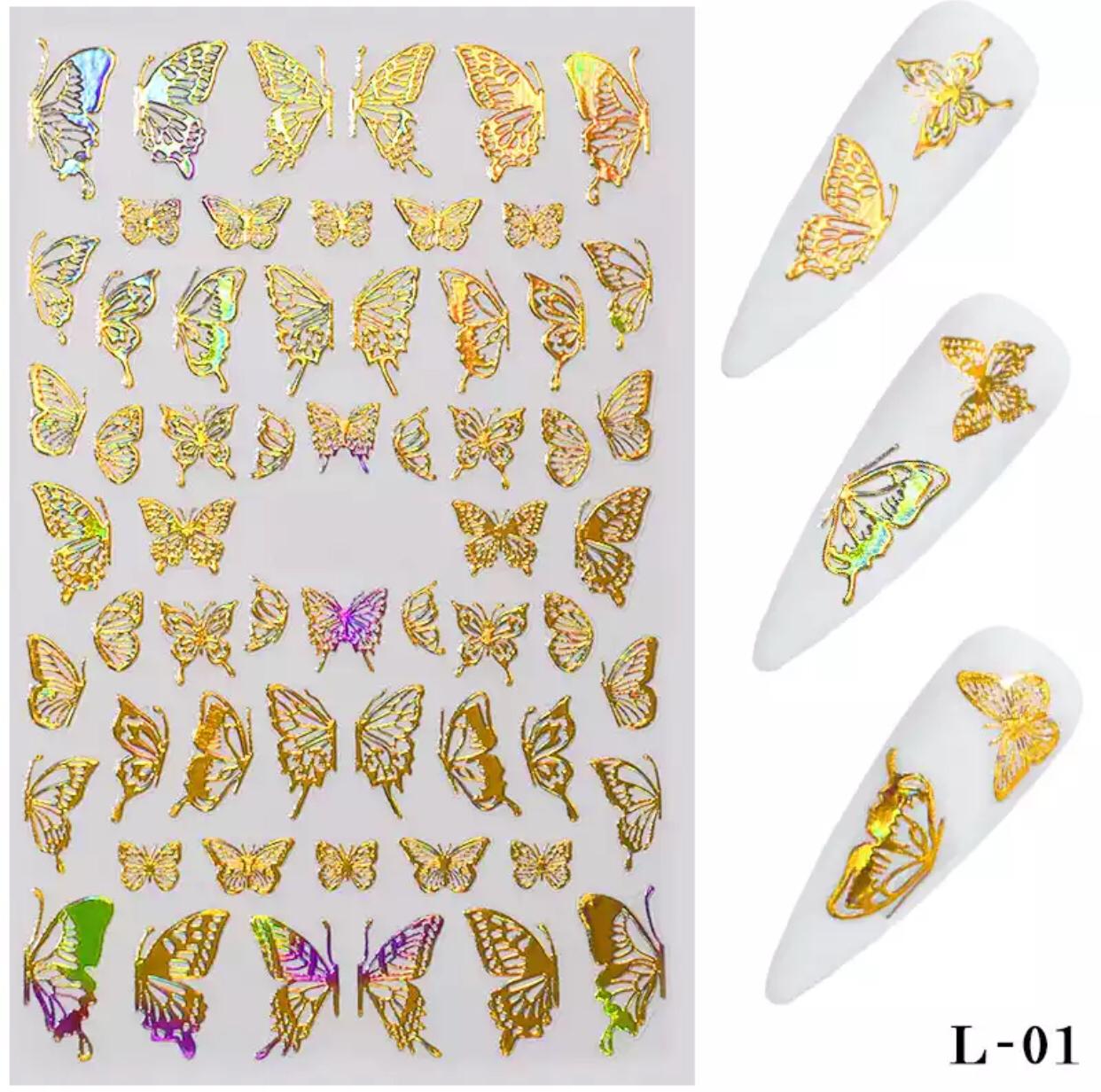 Nail Art 3D Thin Butterfly Nail stickers Silver and Gold