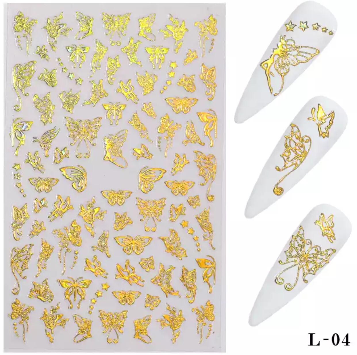 Nail Art 3D Thin Butterfly Nail stickers Silver and Gold