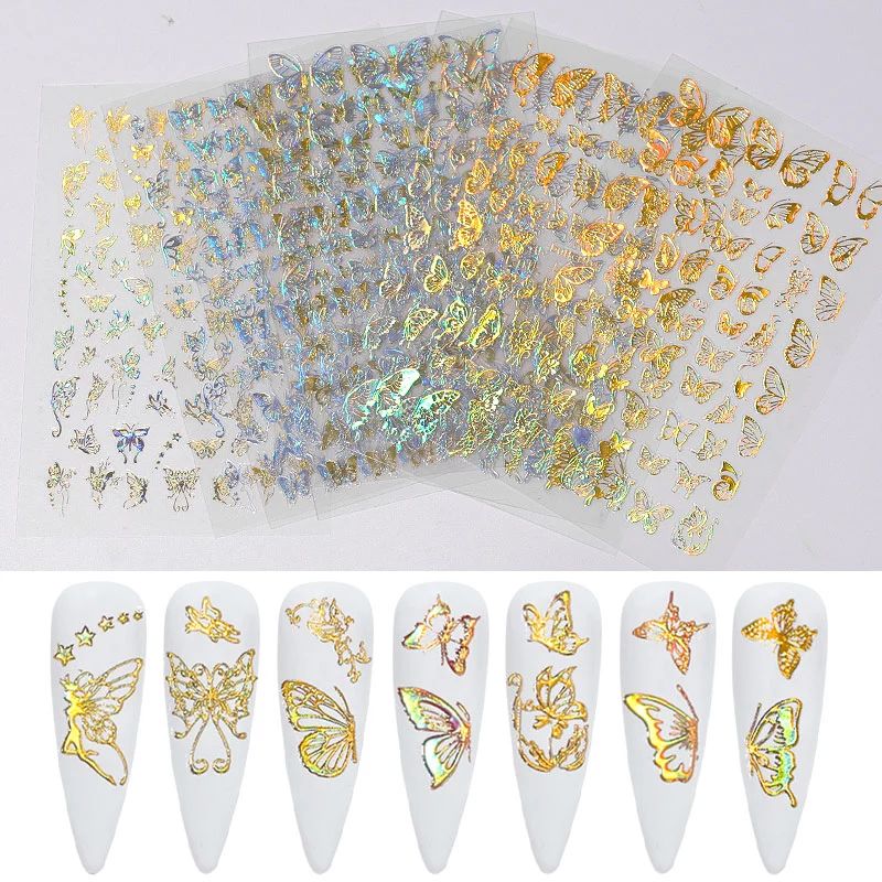 Nail Art 3D Thin Butterfly Nail stickers Silver and Gold