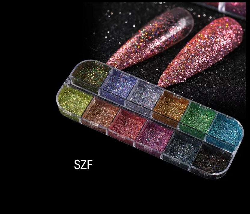 12 Grids Nail Glitter Colorful Mirror Effect Shimmer