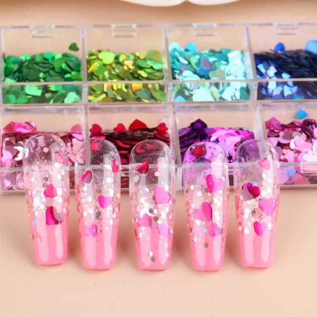 12 Grids Sweet Love Heart Shaped Nail Art Glitter Sequins Laser Designed Sparkle Nail Flakes