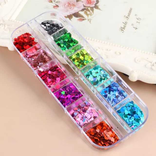 12 Grids Sweet Love Heart Shaped Nail Art Glitter Sequins Laser Designed Sparkle Nail Flakes