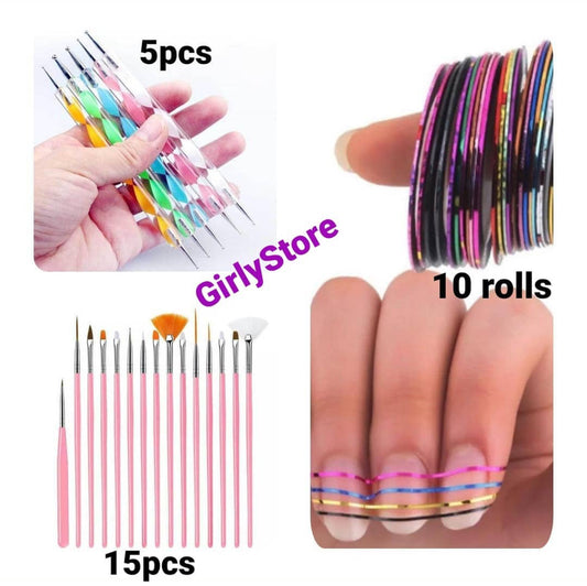 Combo Deal 02 Dotting Tools Nail Art Brushes Striping tapes